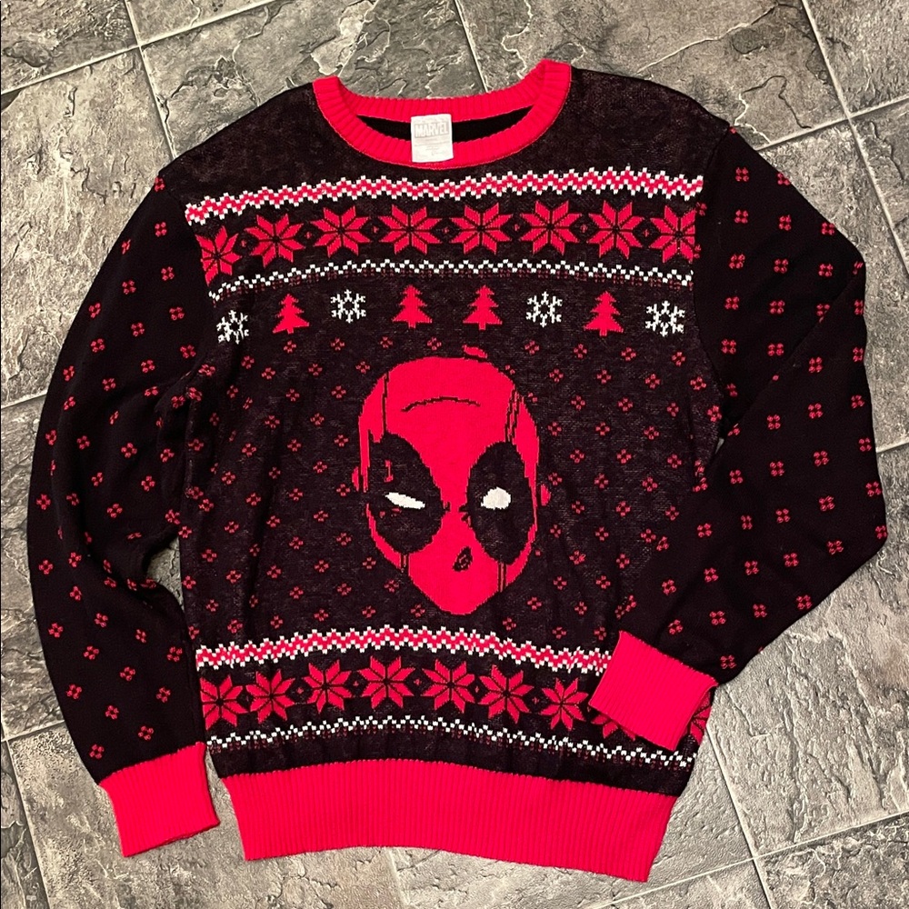 MARVEL Deadpool Festive Ugly Christmas Knit Sweater Red Black White